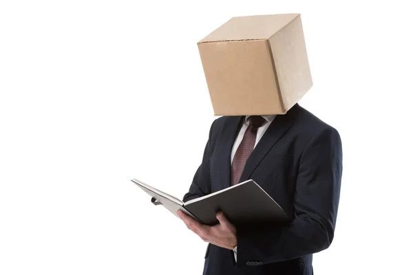 Hombre de negocios con carpeta y caja en la cabeza - foto de stock