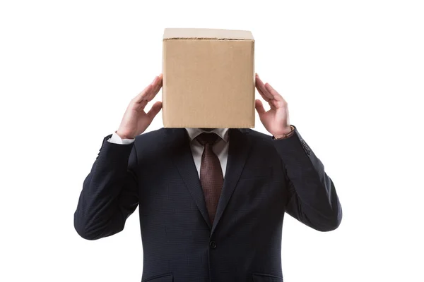 Businessman with box on head having headache — Stock Photo