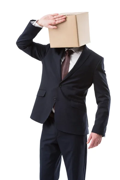 Uomo d'affari con scatola di cartone sulla testa — Foto stock