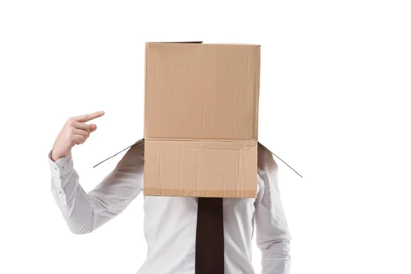 Empresário apontando na caixa de papelão — Fotografia de Stock
