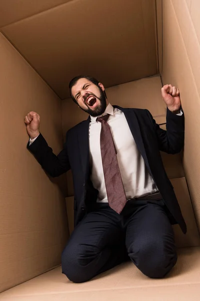 Hombre de negocios gritando en caja - foto de stock