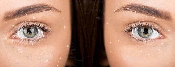 Olhos de mulher antes e depois do retoque — Fotografia de Stock