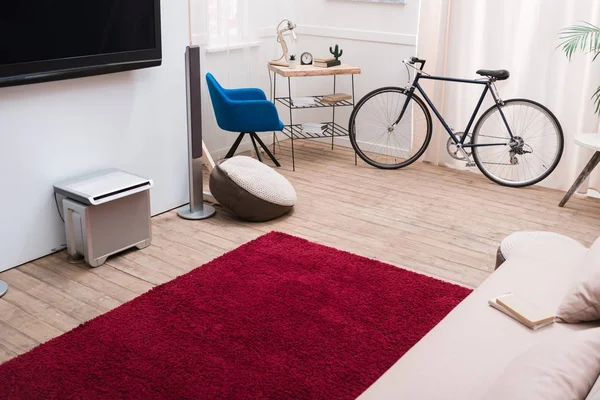 Vue sur tapis rouge et canapé dans le salon — Photo de stock