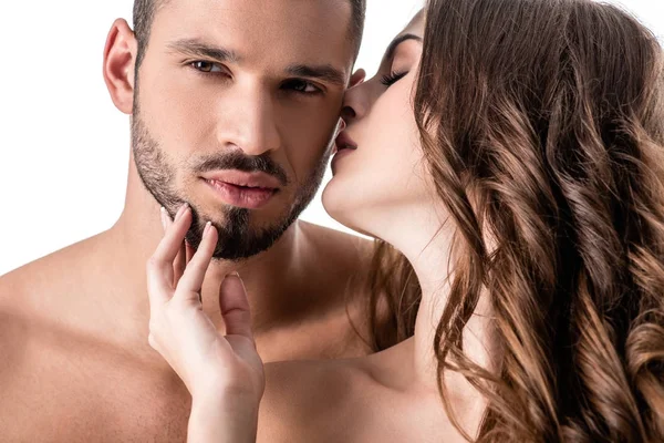 Belo casal sensual isolado no branco — Fotografia de Stock