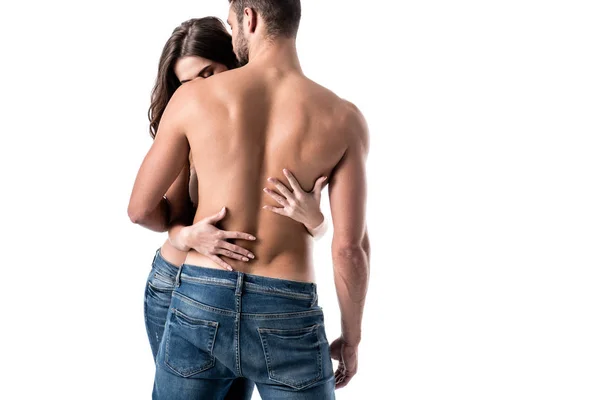 Visão traseira do jovem casal semi-nu sensual isolado no branco — Fotografia de Stock
