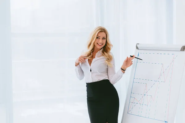 Souriant femme d'affaires séduisante montrant quelque chose au tableau — Photo de stock