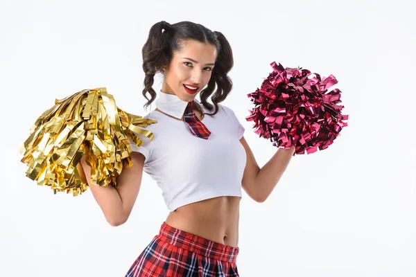 Sorridente studentessa sexy con pompon cheerleader isolato su bianco — Foto stock