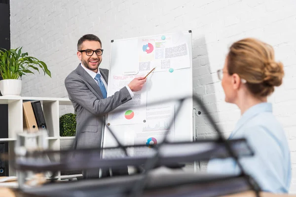 Lächelnder gutaussehender Geschäftsmann bei Präsentation mit Whiteboard für Kollegen im Büro — Stockfoto