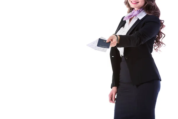 Cropped image of stewardess giving passport with tickets isolated on white — Stock Photo