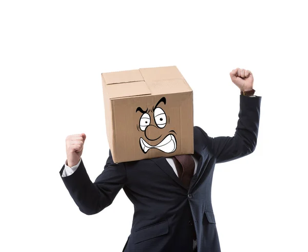 Homem de negócios zangado com caixa de papelão na cabeça gesticulando com as mãos isoladas no branco — Fotografia de Stock