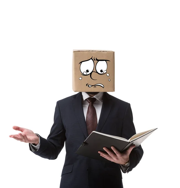 Stressed businessman with cardboard box on head holding documents in folder isolated on white — Stock Photo