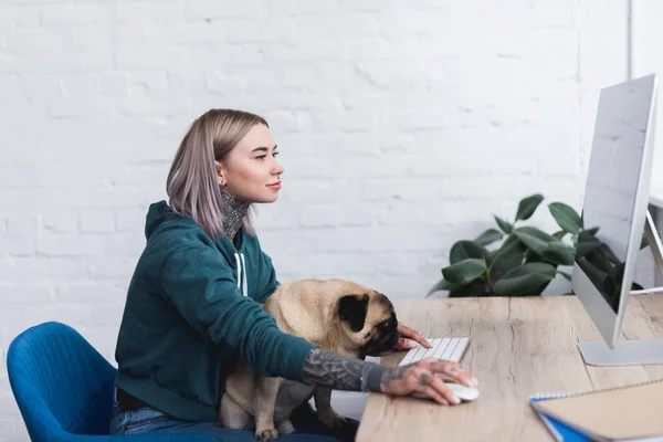 Seitenansicht eines tätowierten Mädchens, das einen Mops hält und zu Hause Computer benutzt — Stockfoto