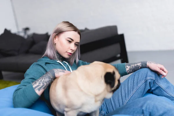 Красива татуйована дівчина з мопсом собакою вдома — Stock Photo