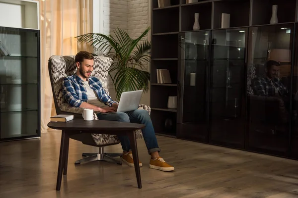 Homem sentado em poltrona e usando laptop na sala de estar com design interior — Fotografia de Stock