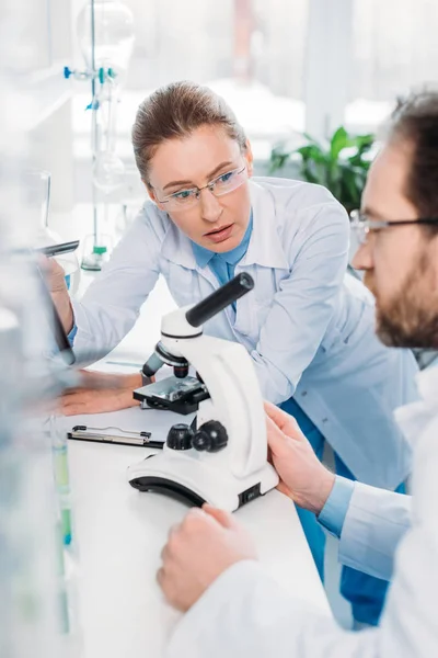 Orientation sélective des scientifiques dans les lunettes travaillant ensemble sur le lieu de travail avec microscope en laboratoire — Photo de stock