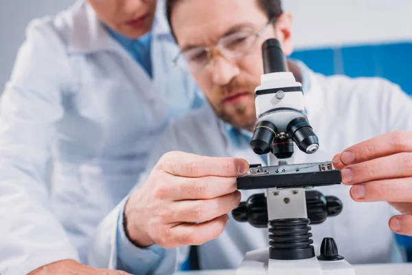 Partial view of scientists in white coats working with reagent together in lab — Stock Photo