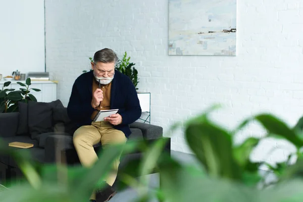 Selective focus of bearded senior man taking notes while sitting on sofa at home — Stock Photo