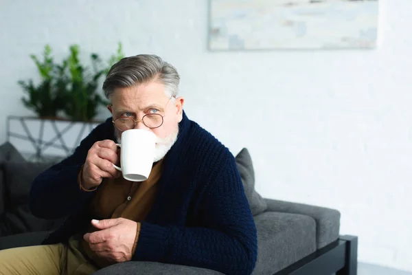 Бородатый мужчина в очках пьет из чашки и смотрит вдаль на дом — стоковое фото