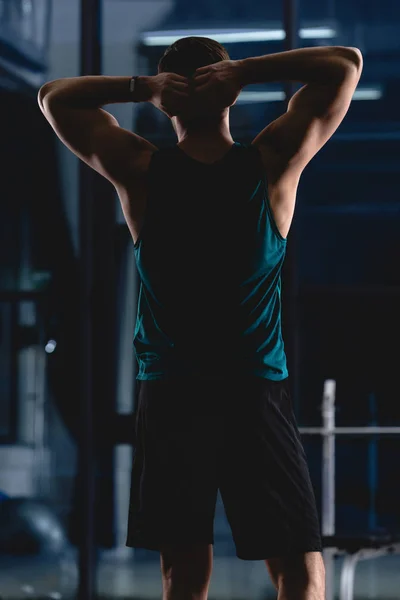 Vista posteriore della silhouette dello sportivo muscolare in palestra — Foto stock