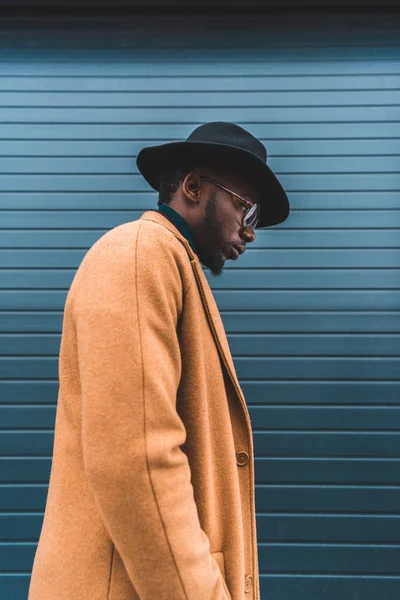 Side view of stylish young african american man in hat and overcoat walking outside — Stock Photo
