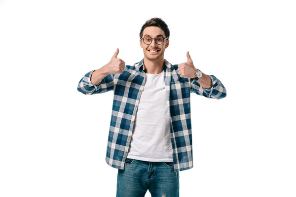 Smiling handsome man showing thumbs up isolated on white — Stock Photo