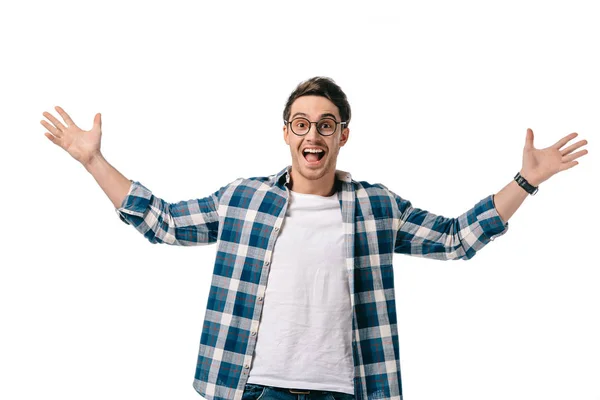 Excited handsome man looking at camera with open arms isolated on white — Stock Photo