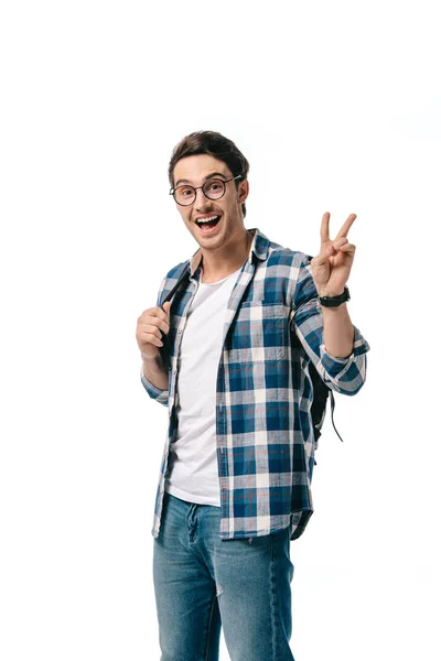 Handsome student showing peace sign isolated on white — Stock Photo