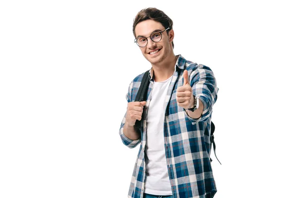 Guapo estudiante mostrando golpe hasta aislado en blanco - foto de stock