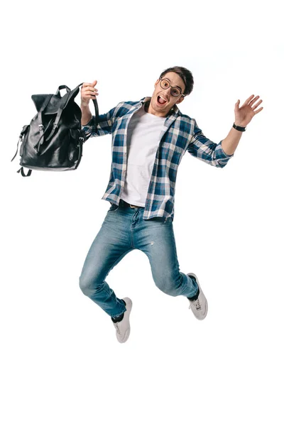Screaming student jumping with backpack isolated on white — Stock Photo