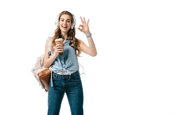 Hermoso estudiante mostrando ok gesto aislado en blanco - foto de stock