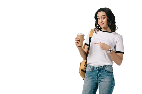 African american teen student pointing on coffee to go isolated on white — Stock Photo