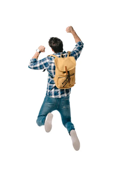 Vue arrière du saut étudiant avec sac à dos isolé sur blanc — Photo de stock