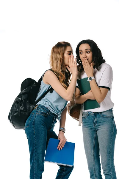 Multicultural students gossiping isolated on white — Stock Photo