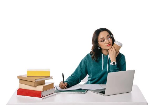 African american teen studying with laptop isolated on white — Stock Photo