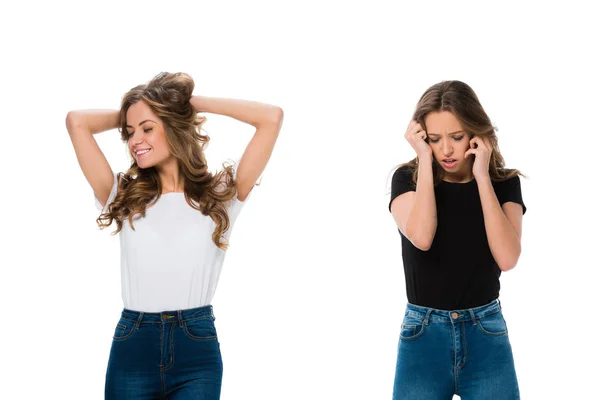 Smiling and upset twins standing isolated on white — Stock Photo