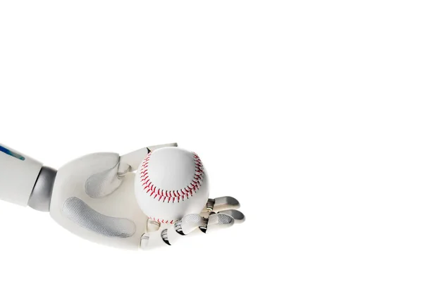 Robot main tenant balle de baseball blanche isolée sur blanc — Photo de stock