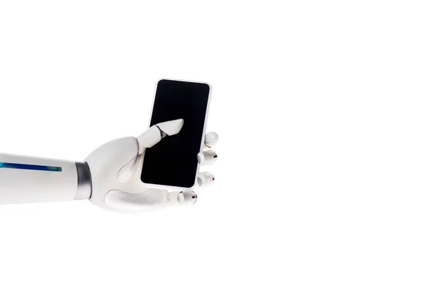 Robot hand holding smartphone isolated on white — Stock Photo