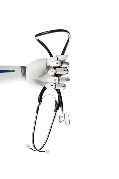 Robot hand holding medical stethoscope isolated on white — Stock Photo