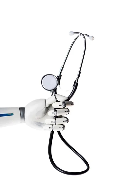 Robot hand holding stethoscope isolated on white — Stock Photo