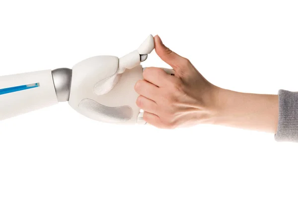 Cropped image of robot and woman playing thumb wars isolated on white — Stock Photo