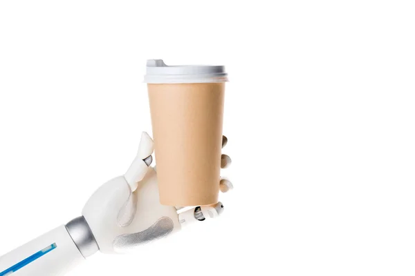 Robot hand holding coffee in paper cup isolated on white — Stock Photo