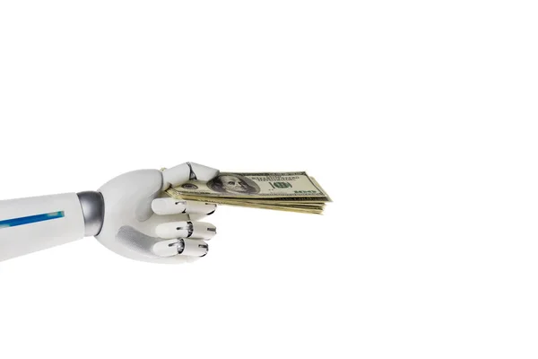 Robot hand giving dollar banknotes isolated on white — Stock Photo