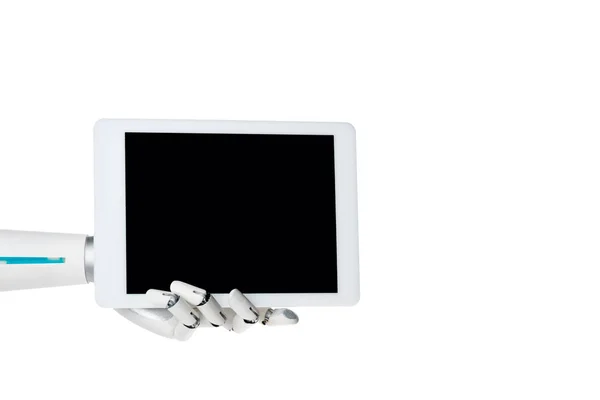 Robot hand holding tablet with blank screen isolated on white — Stock Photo