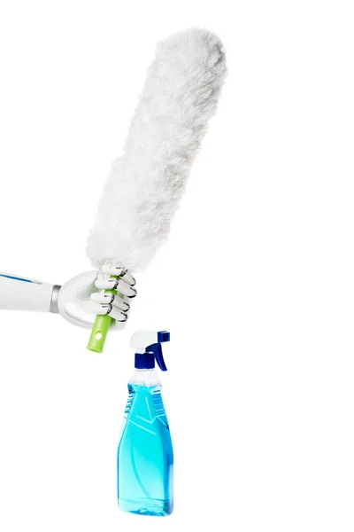 Mão robô segurando escova de poeira perto do frasco de spray para limpeza isolada em branco — Fotografia de Stock