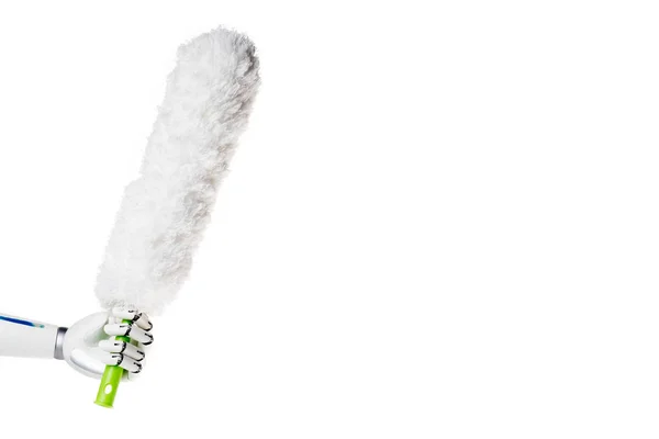 Robot de mano con cepillo de polvo blanco para limpiar aislado en blanco - foto de stock