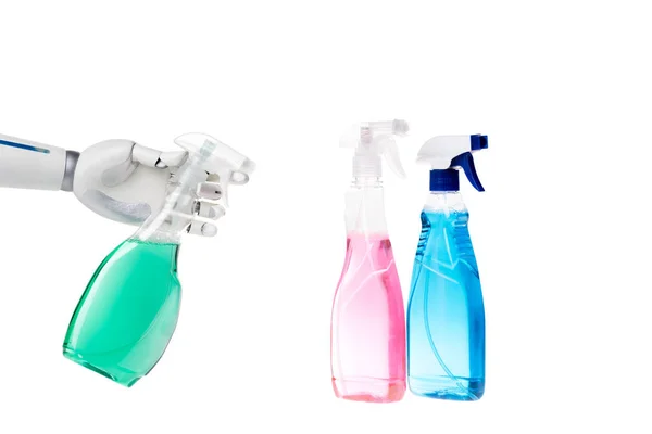 Reinigungsroboter mit Sprühflasche isoliert auf weiß — Stockfoto
