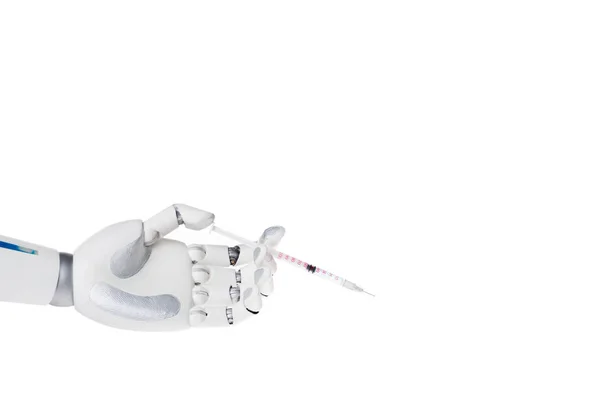 Siringa robot tenuta in mano con medicinali isolati su bianco — Foto stock