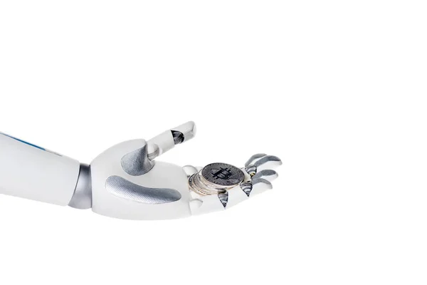 Mano robot tenuta bitcoin isolato su bianco — Foto stock