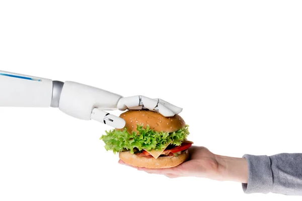 Recortado tiro de robot pasando sabrosa hamburguesa a humano aislado en blanco - foto de stock