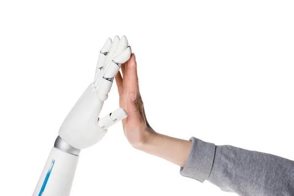 Cropped shot of robot and human making high five isolated on white — Stock Photo